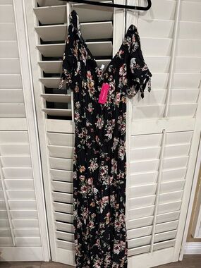 NWT - Black Floral Jumpsuit with Pink, White & Green Blooms